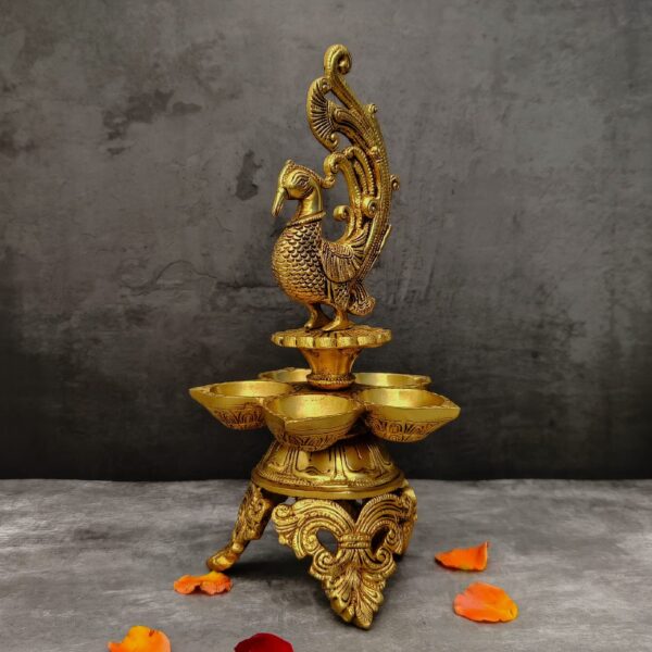 Brass five petal peacock diya height 13 inches