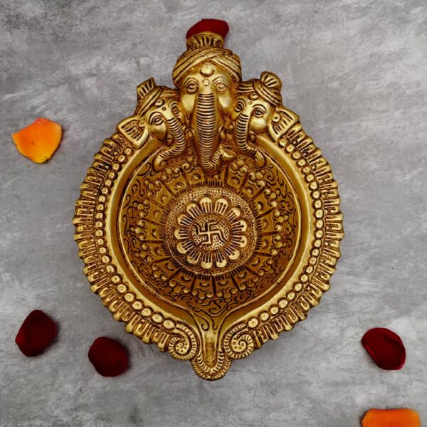 Large size brass ganesha face diya length 8 inch