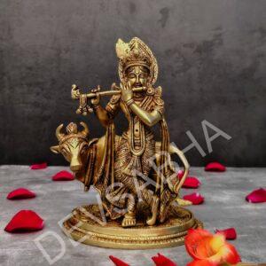 brass krishna idol with cow height 9.5 inch