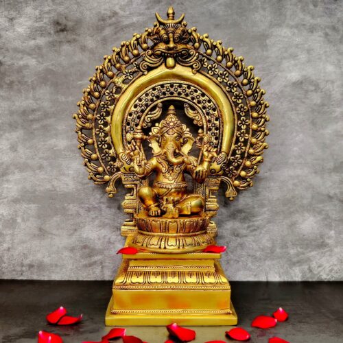 brass ganesha murti sitting on singhasan height 19 inch