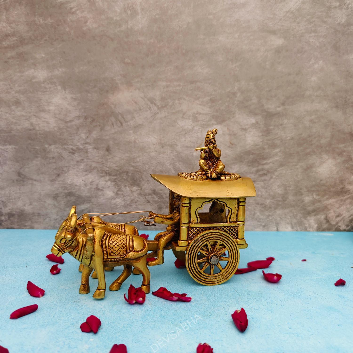 brass bullock cart with krishna idol height height 6 inch