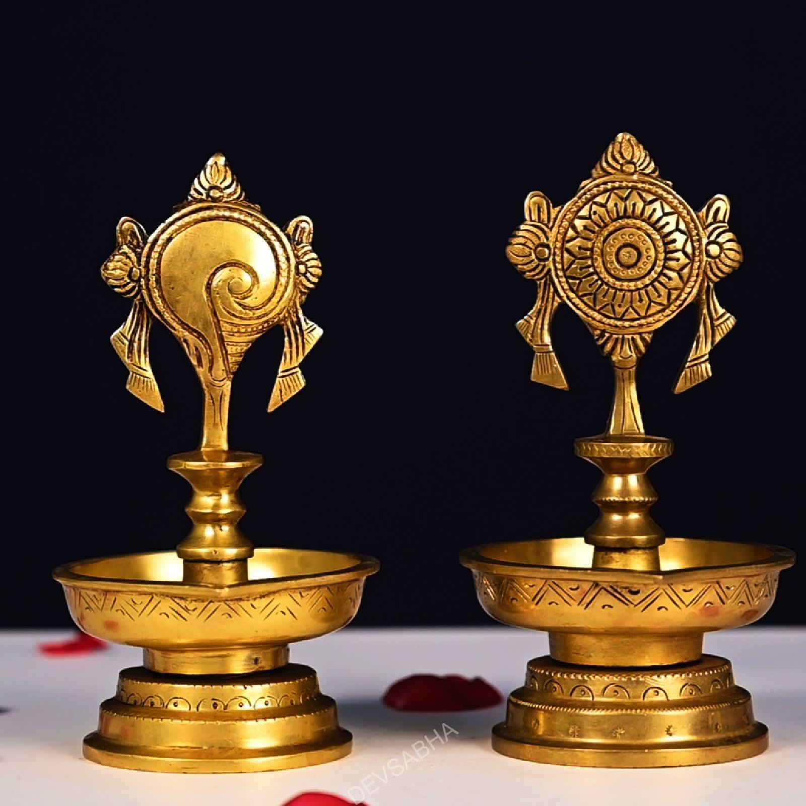 Buy Brass Diyas Online super fine sankha chakra diya set height 8 inch