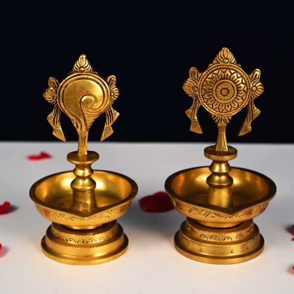 Super fine brass sankha chakra diya set height 8 inch