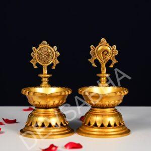 super fine brass sankha chakra diya set height 7 inch