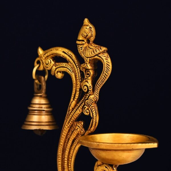 Brass peacock diya with bell height 8.5 inch