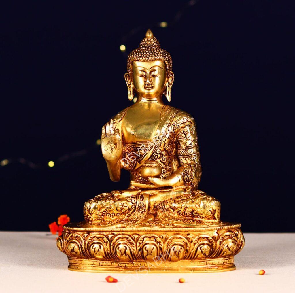 golden colour brass buddha statue height 10 inch