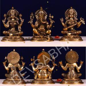 antique brass ganesha lakshmi saraswati set height 8 inch