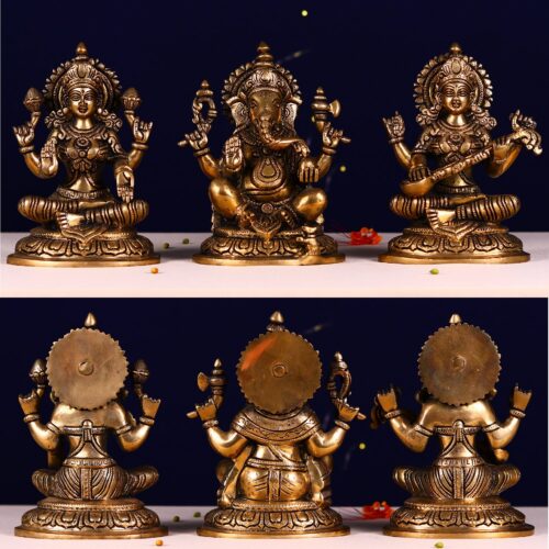 antique brass ganesha lakshmi saraswati set height 8 inch