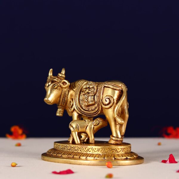 Brass kamdhenu carving with radha krishna Height 4.8 Inches