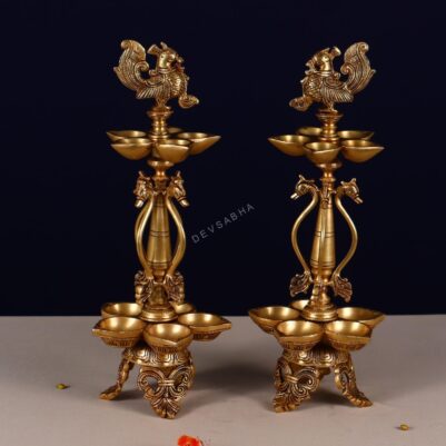 Brass ten petal peacock diya pair height 16 inch