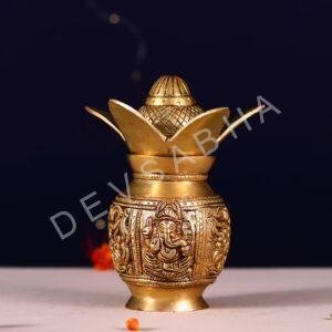 brass kalash with ganesh and lakshmi carving