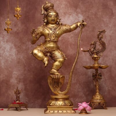 Brass Lord Krishna on Kaliya Nag height 35 inches
