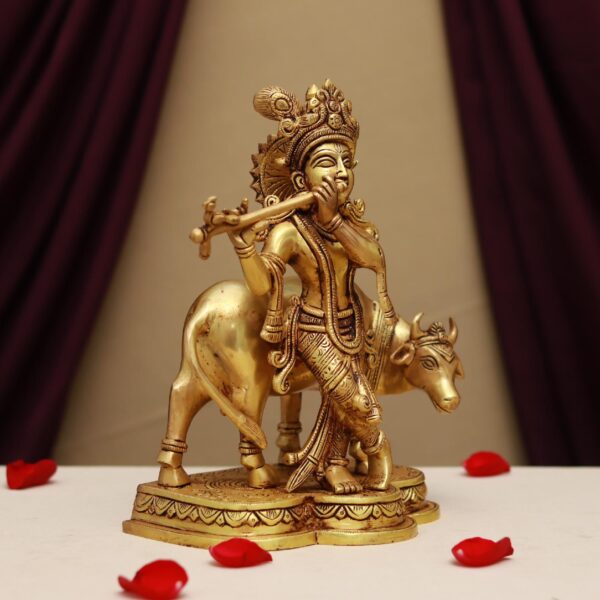 Brass lord krishna playing flute with cow idol 10.7 inches