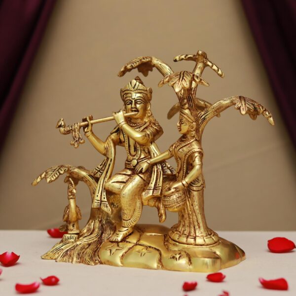Brass Radha Krishna sitting Under Kalpavriksha with Peacock 8.6 inches