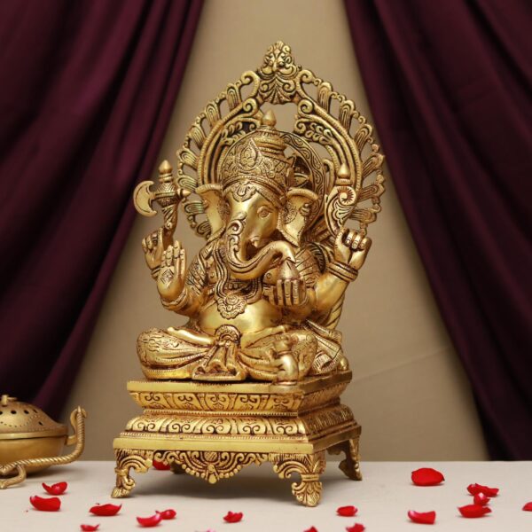 brass lord ganesha idol sitting on throne height 17 inches