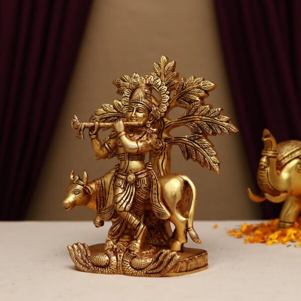 Brass Krishna playing flute Under Kalpavriksha with cow 9 inches