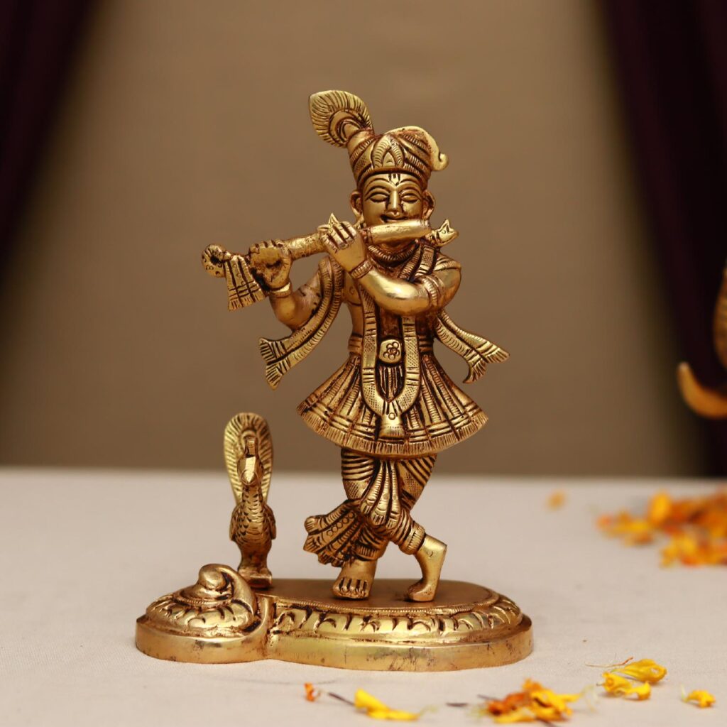 brass krishna with peacock