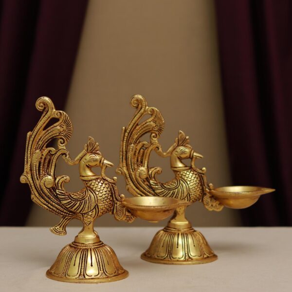 brass peacock diya / lamp pair height 7.5 inches