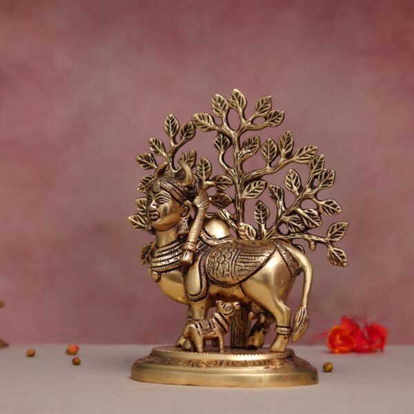 Brass Kamadhenu cow with tree