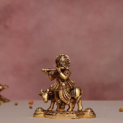 brass krishna idol with cow height 4.2 inch