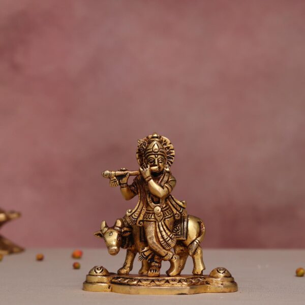 brass krishna idol with cow height 4.2 inch
