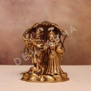 Brass Radha Krishna idol with tree and peacock  7.4 inches