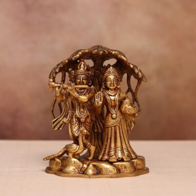 Brass Radha Krishna idol with tree and peacock 7.4 inches