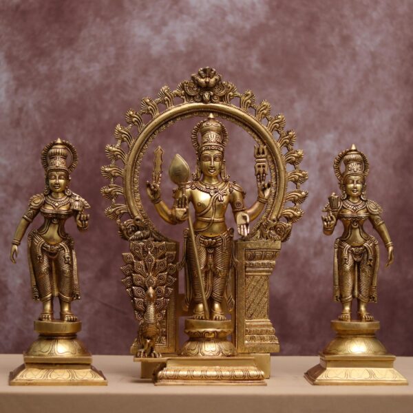 Exquisite 23″ Brass Lord Kartikeya Murugan Swamy with Devasena and Valli Idol Set