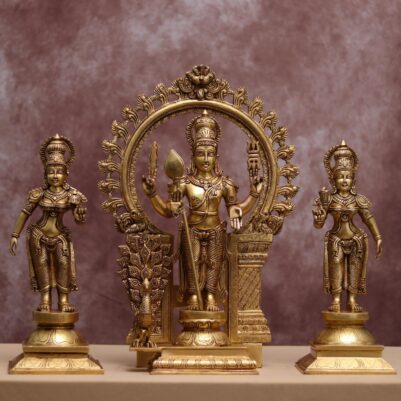 Exquisite 23" Brass Lord Kartikeya Murugan Swamy with Devasena and Valli Idol Set