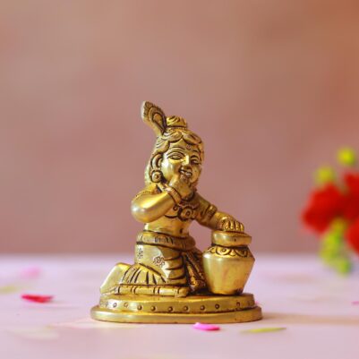 Brass Makhan Chor Bal Krishna Idol - 3.5 inches