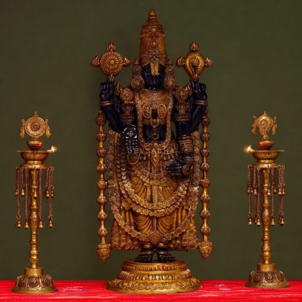 Brass black 48 inches Tirupati balaji with sankha chakra diya set