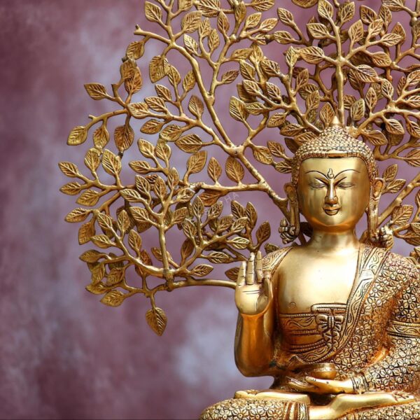 brass budhha statue with bodhi tree height 25.3 inches
