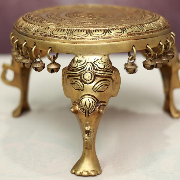 Brass chowki with elephant pillers and bells height 6 inches