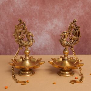Brass peacock nine petal hanging diya 26.5 inches set