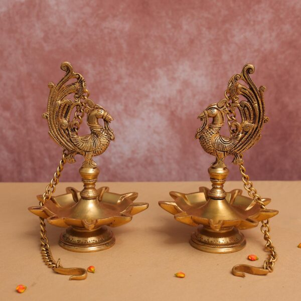 Brass peacock nine petal hanging diya 26.5 inches set