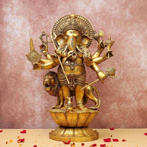 Large 24-Inch Brass Kana Drishti Ganesha Standing with Lion Statue