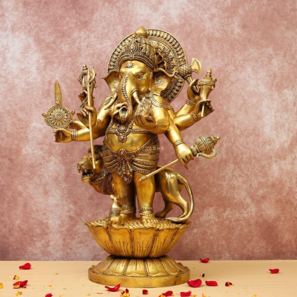 Large 24-Inch Brass Kana Drishti Ganesha Standing with Lion Statue