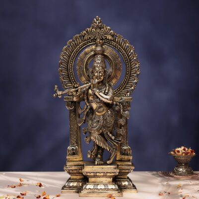 Antique Brass Krishna Idol with frame 17 Inches Height