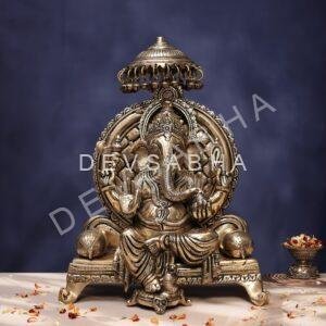 Antique Brass Ganesha Idol sitting on singhasan height 16.5 inches