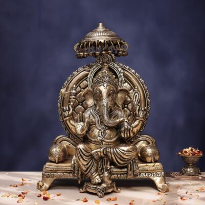 Antique Brass Ganesha Idol sitting on singhasan height 16.5 inches