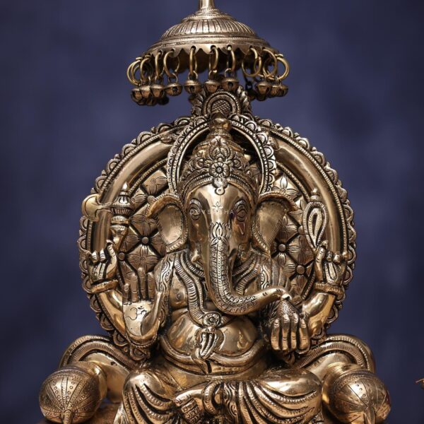 Antique Brass Ganesha Idol sitting on singhasan height 16.5 inches