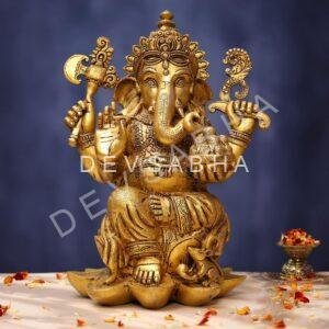 Brass Ganesha Idol 17 Inches sitting on lotus