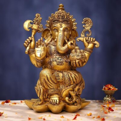 Brass Ganesha Idol 17 Inches sitting on lotus