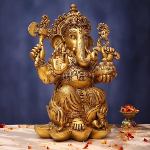 Brass Ganesha Idol 17 Inches sitting on lotus