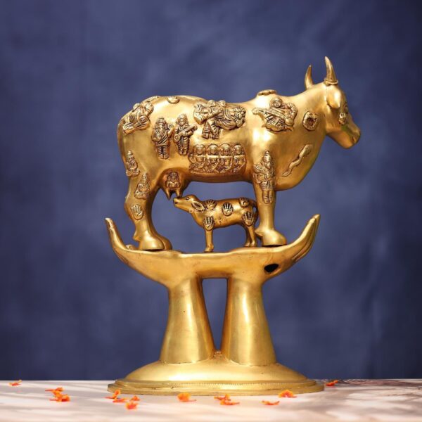 Brass Superfine Kamadhenu Cow with Calf Idol height 17.5 inches