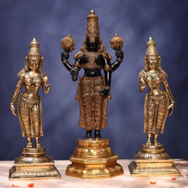Brass Lord Tirupati Balaji with Bhudevi Sridevi Idols 19.5 Inches Height