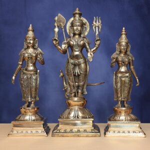 Antique Brass murugan  with  devasena and  Valli  height  23.5 inches