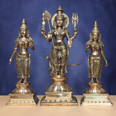 Antique Brass murugan with devasena and Valli height 23.5 inches
