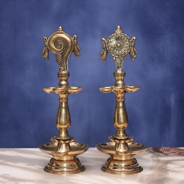 Antique Brass Shankha Chakra Lamp Pair 14.5 Inch Traditional Decorative Statue,,