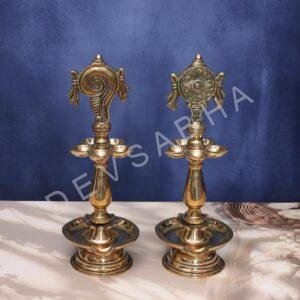 Antique Brass Shankha Chakra Lamp Pair 14.5 Inch Traditional Decorative Statue,,